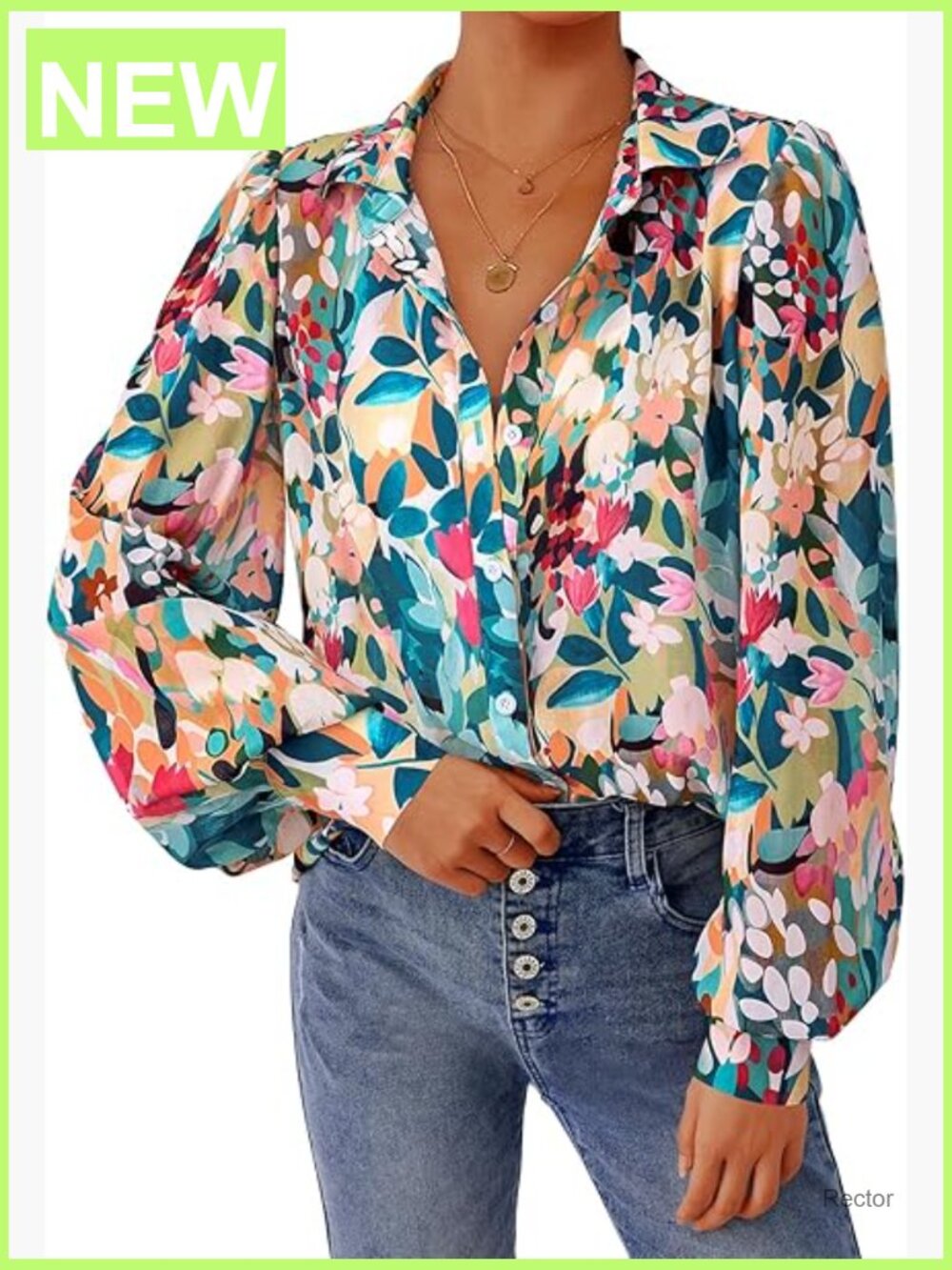 Women's Floral Blouses Dressy Casual V Neck Button Down Shirts Lantern Sleeve